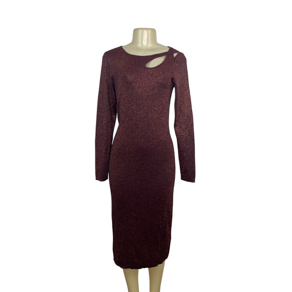 ELIE TAHARI Burgundy Long Sleeve Bodycon Midi Dress W/ Cutout Detail Sz L - New