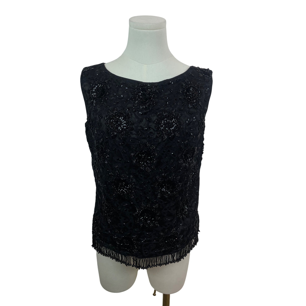 Vintage Beaded Sleeveless Black Top With Fringe Hem & Floral Embellishments
