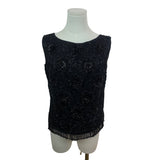 Vintage Beaded Sleeveless Black Top With Fringe Hem & Floral Embellishments