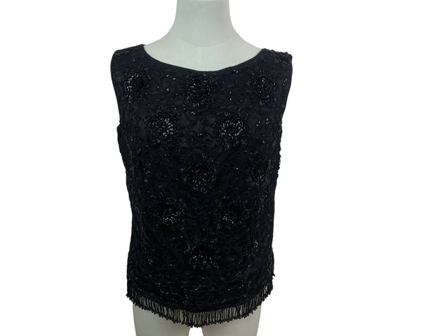 Vintage Beaded Sleeveless Black Top With Fringe Hem & Floral Embellishments