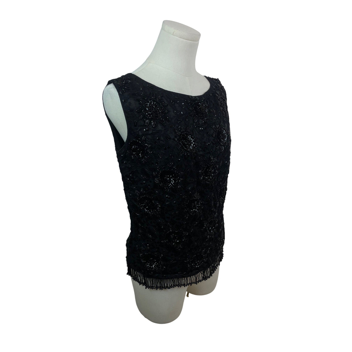 Vintage Beaded Sleeveless Black Top With Fringe Hem & Floral Embellishments