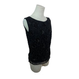 Vintage Beaded Sleeveless Black Top With Fringe Hem & Floral Embellishments