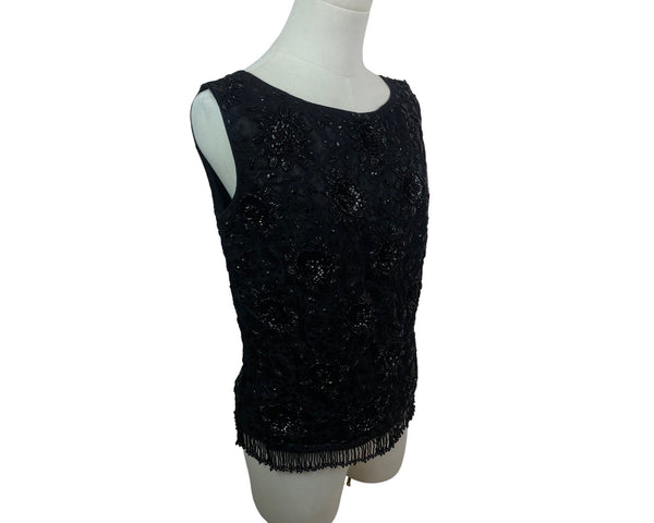 Vintage Beaded Sleeveless Black Top With Fringe Hem & Floral Embellishments