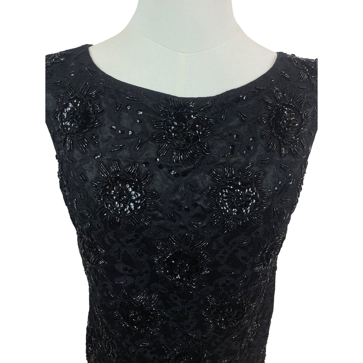 Vintage Beaded Sleeveless Black Top With Fringe Hem & Floral Embellishments
