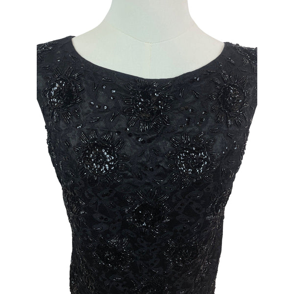Vintage Beaded Sleeveless Black Top With Fringe Hem & Floral Embellishments