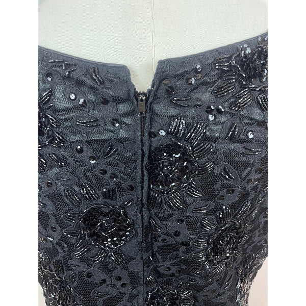 Vintage Beaded Sleeveless Black Top With Fringe Hem & Floral Embellishments