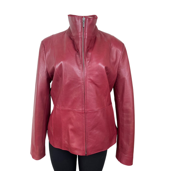 Bernardo Womens Red Leather Jacket With Zip Front & Stand-Up Collar Sz L