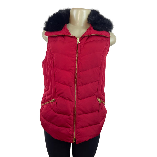 Talbots Red Puffer Vest With Faux Fur Collar & Gold Zipper Details Size S - New
