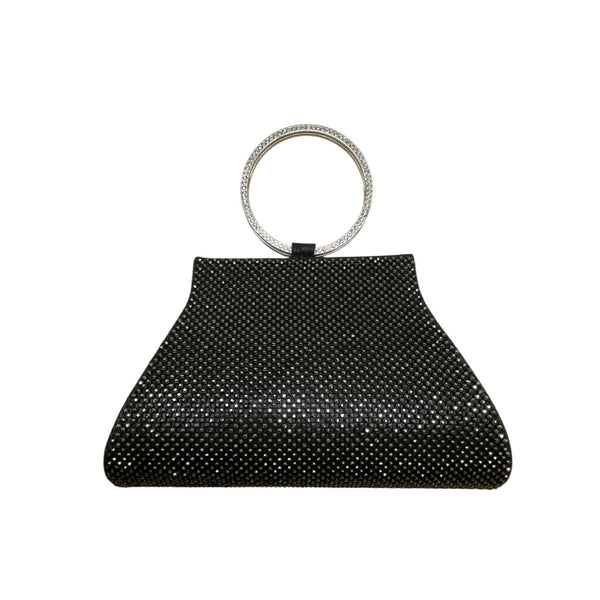 Mossmon Black Rhinestone Silver Handle Satin Lining Snap Closure Evening Clutch
