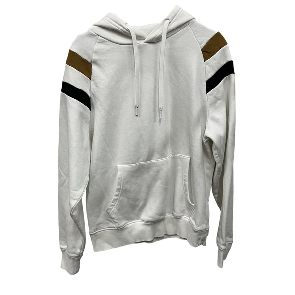 Denim & Flower Mens White Hooded Pullover Sweatshirt With Striped Sleeve Details Size S