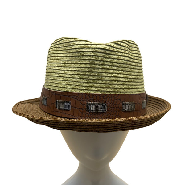 Stacy Adams Green & Brown Straw Fedora With Faux Croc Band Mens Hat