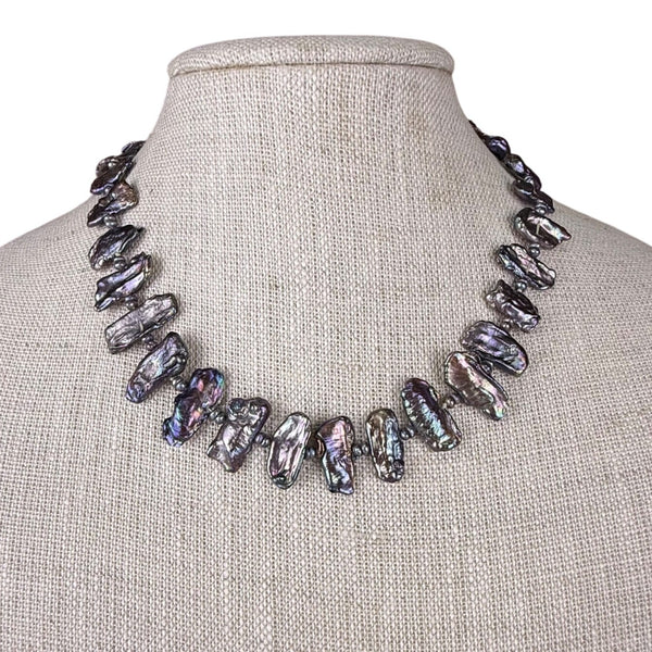 Vintage Freshwater Iridescent Black Pearl Necklace Silver Tone Spacer Beads Magnetic Clasp