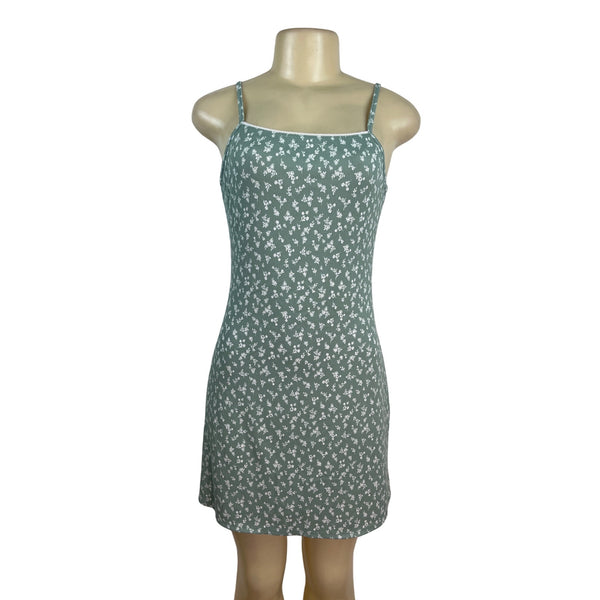 See You Monday Green Floral Print Spaghetti Strap Mini Dress Womens Size L