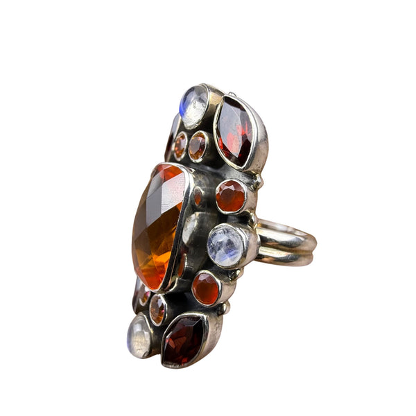 Red Garnet Amber Moonstone Silver Statement Ring India Handmade Boho Style Sz 6