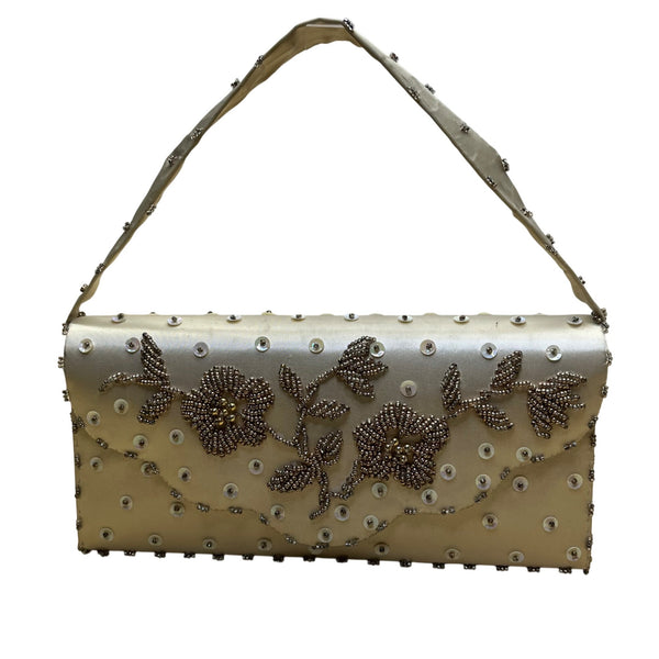 Vintage Handmade Women’s Gold Satin Beaded With Sequins & Handle Evening Purse