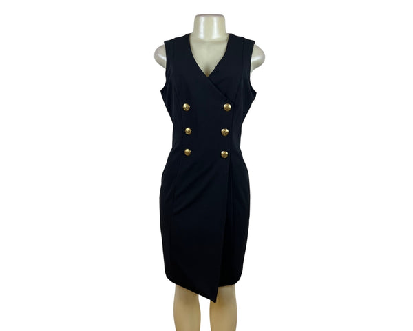 White House Black Market Women's Black Sleeveless Gold Button Dress Size 10p
