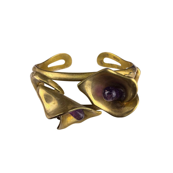 Vintage Mexico 950 Amethyst Gold Tone Cuff Bracelet Floral Design Adjustable