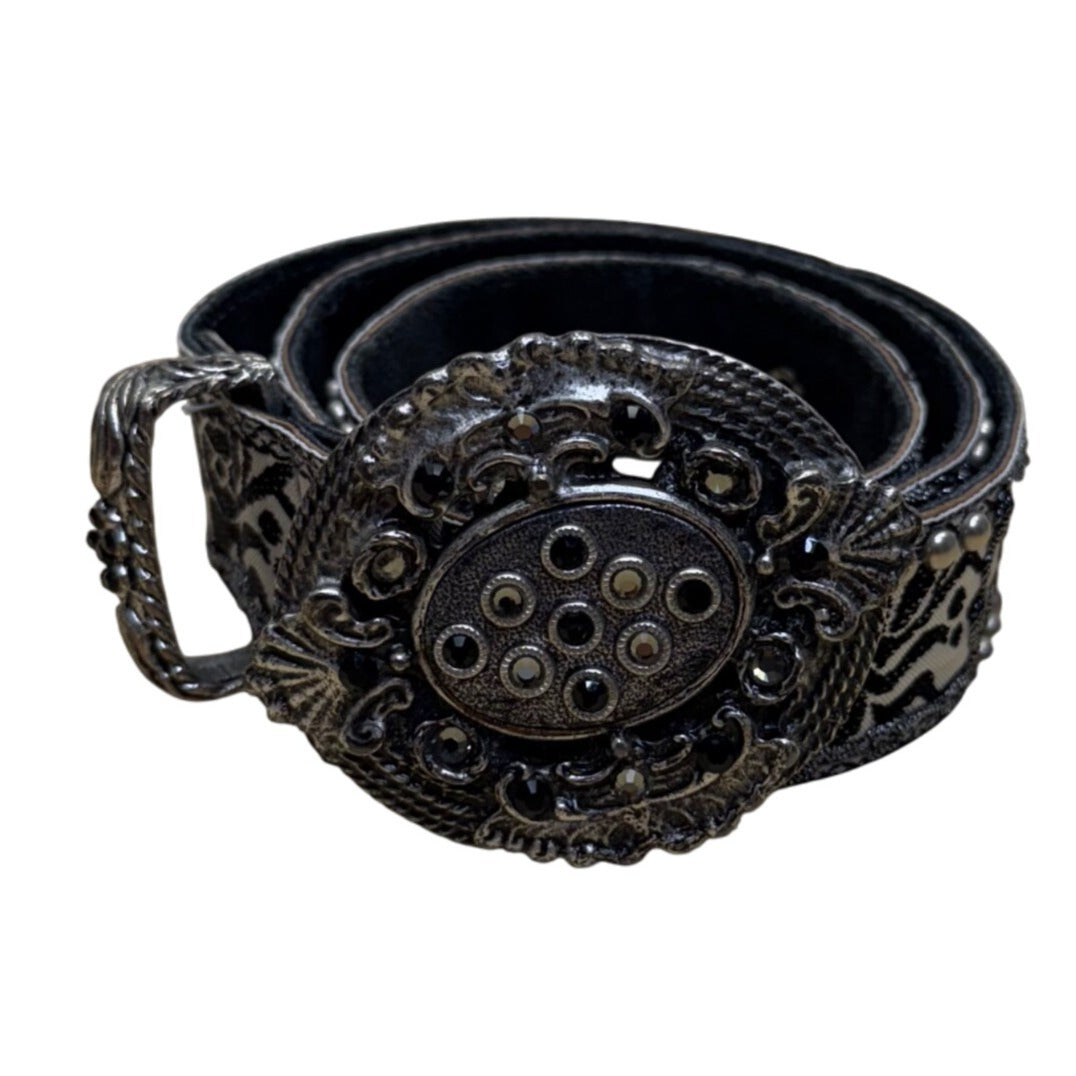 Vintage Black Floral Belt Silver Accents Ornate Buckle Adjustable Fit