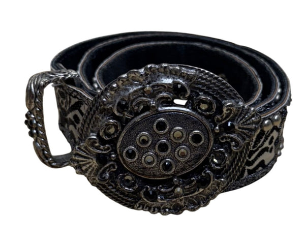 Vintage Black Floral Belt Silver Accents Ornate Buckle Adjustable Fit