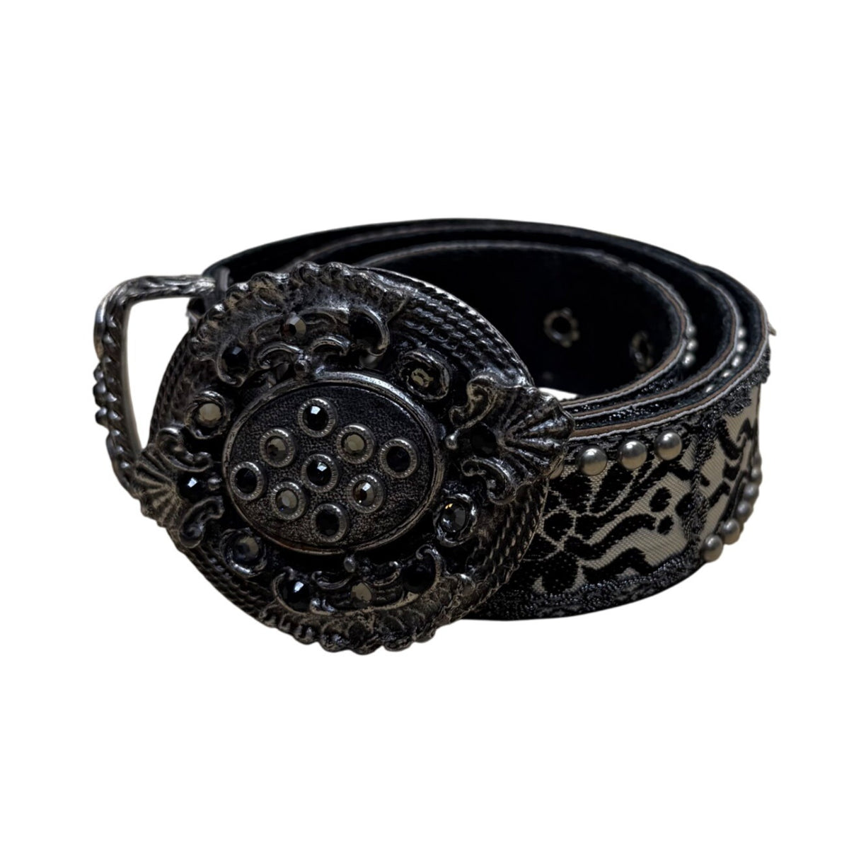 Vintage Black Floral Belt Silver Accents Ornate Buckle Adjustable Fit
