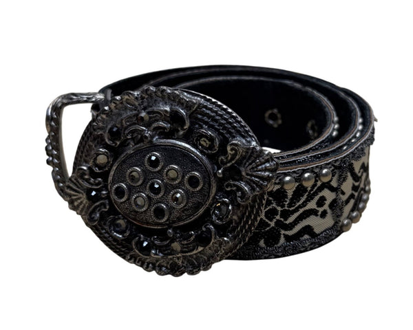 Vintage Black Floral Belt Silver Accents Ornate Buckle Adjustable Fit