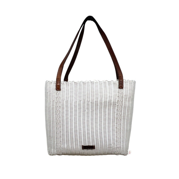 Fibra White Woven Brown Handles 97% Recycled Plastic Lightweight Tote Bag Sz M