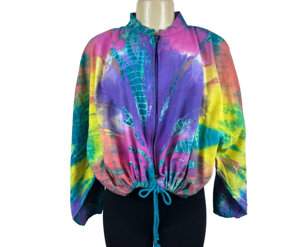 Vintage 90s Jazzie Tie-Dye Zip Up Sweater Multicolor Drawstring Bottom Sz M