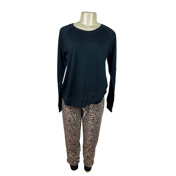 Muk Luks Women Black Long Sleeve Top & Leopard Print Pants Pajama Set Sz M - New