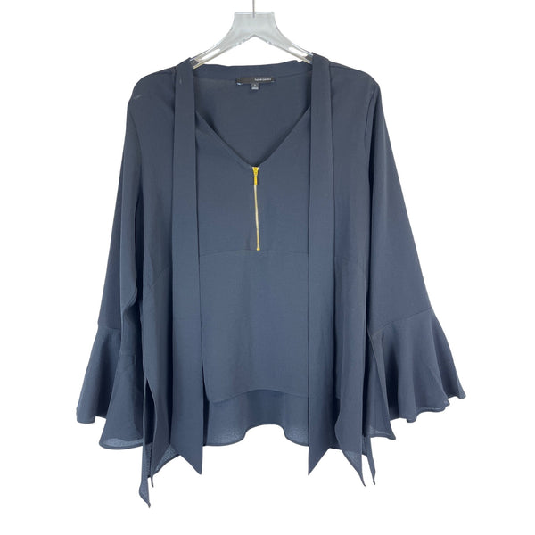 Harvé Benard Womens Gray Lightweight Flared Sleeve Sheer V-Neck Top L