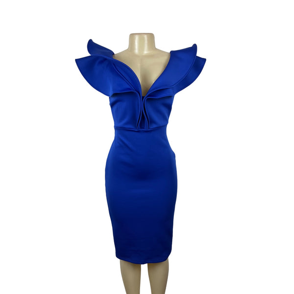 Gobles Women's Royal Blue V Neck Ruffle Shlouder Bodycon Dress Sz M - New