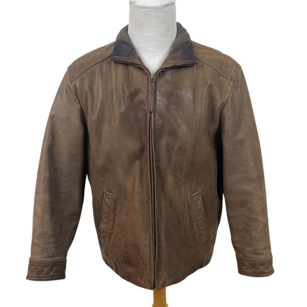 Jos. A. Bank Mens Brown Leather Jacket With Map Lining & Zip Closure Size M