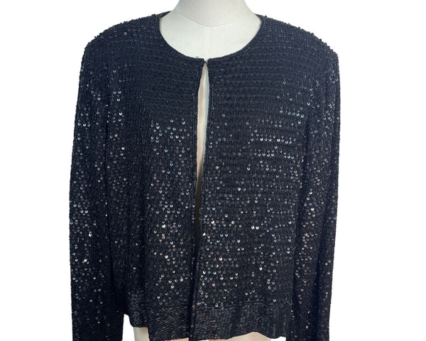 Niteline Vintage Black Sequined Open Front Long Sleeve Cardigan Jacket Womens XL