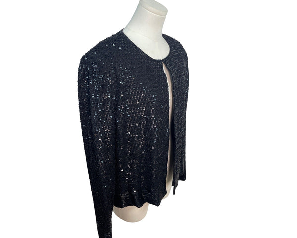 Niteline Vintage Black Sequined Open Front Long Sleeve Cardigan Jacket Womens XL