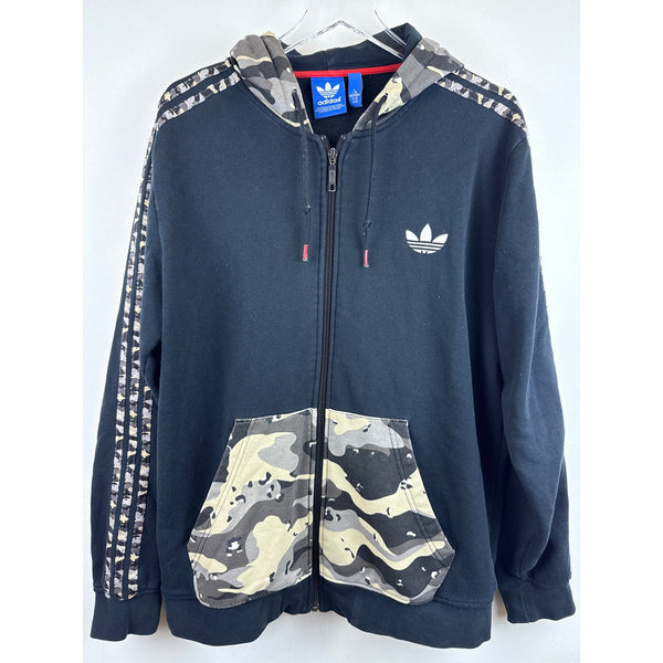 Adidas Mens Black Camo Hooded Zip-Up Jacket Size L Logo Detail