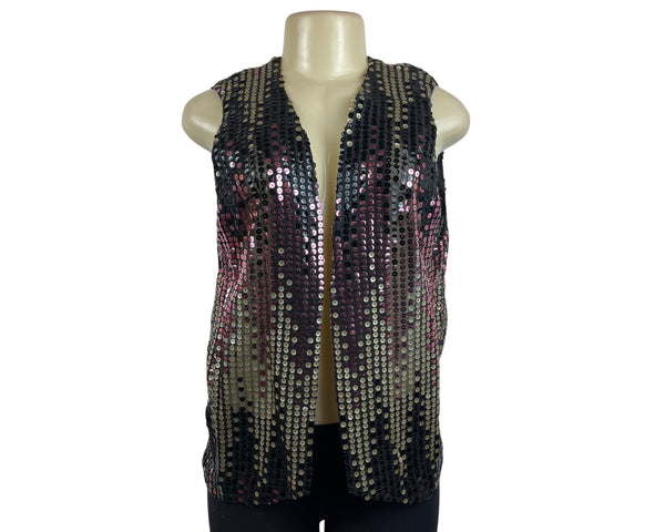 Vintage Sequin Sleeveless Vest Black & Gold With Pink Accents Womens One Size