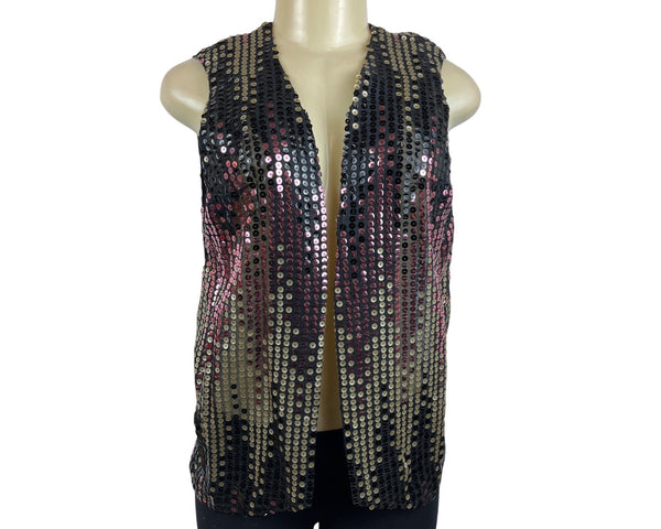 Vintage Sequin Sleeveless Vest Black & Gold With Pink Accents Womens One Size