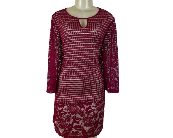 Perception Women Burgundy Lace Keyhole Tunic Dress Floral Pattern 3/4 Sleeve 1X