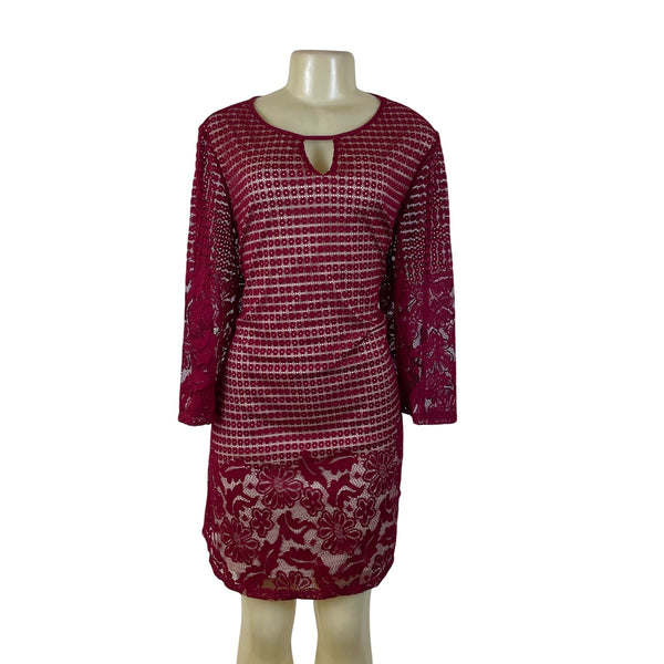 Perception Women Burgundy Lace Keyhole Tunic Dress Floral Pattern 3/4 Sleeve 1X
