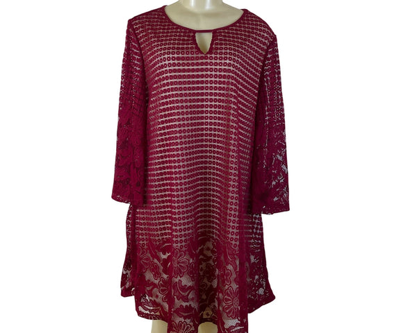 Perception Women Burgundy Lace Keyhole Tunic Dress Floral Pattern 3/4 Sleeve 1X