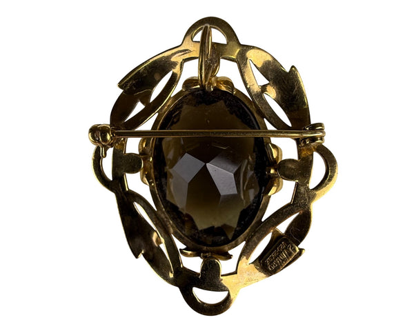 Winard 12K Gold Filled Brooch Smoky Quartz Oval Stone Elegant Filigree Design
