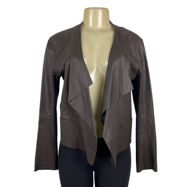 Rarutus Womens Brown Leather Open Front Jacket With Waterfall Collar Sz 42