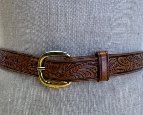Cry Baby Ranch Embossed Leather Belt With Floral Design & Brass Buckle