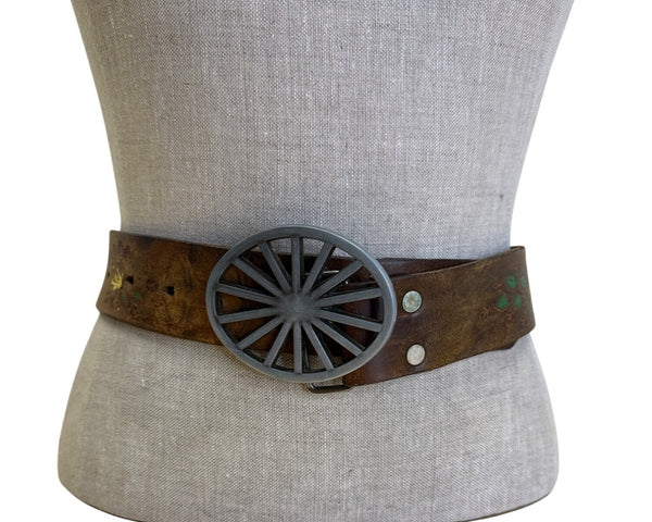 Vintage Embossed Brown Leather Belt With Wagon Wheel Metal Buckle Floral Design