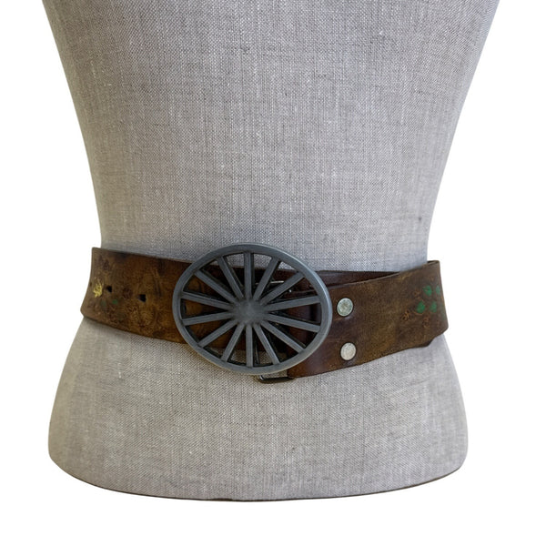 Vintage Embossed Brown Leather Belt With Wagon Wheel Metal Buckle Floral Design