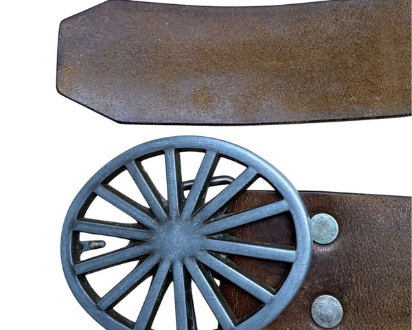 Vintage Embossed Brown Leather Belt With Wagon Wheel Metal Buckle Floral Design