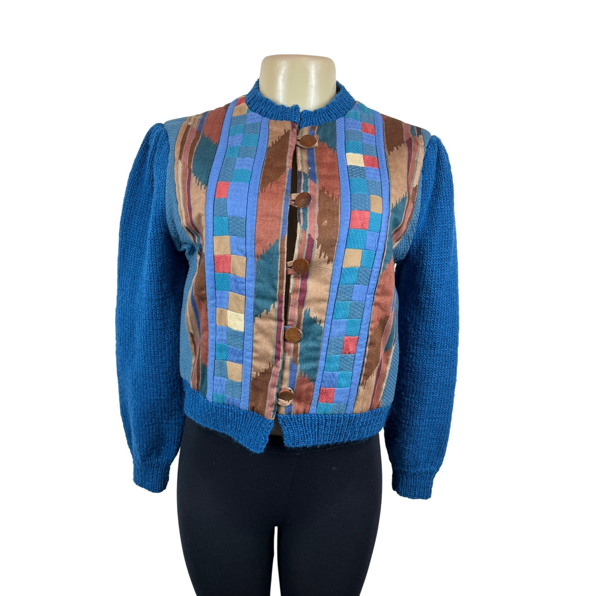 Vintage Button-Up Patchwork Cardigan Sweater With Textured Blue Sleeves Sz S/M