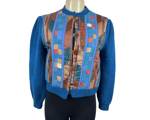 Vintage Button-Up Patchwork Cardigan Sweater With Textured Blue Sleeves Sz S/M