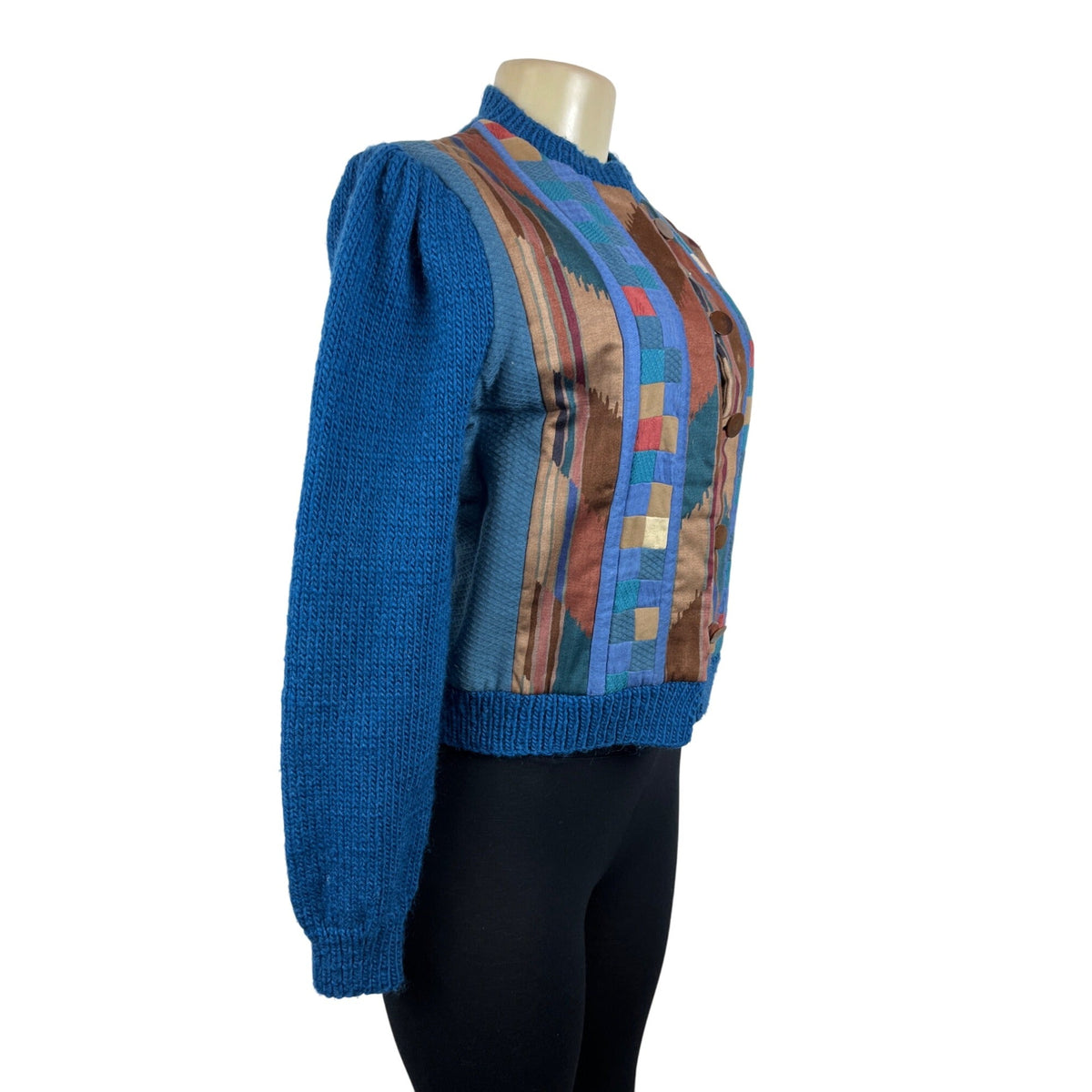 Vintage Button-Up Patchwork Cardigan Sweater With Textured Blue Sleeves Sz S/M