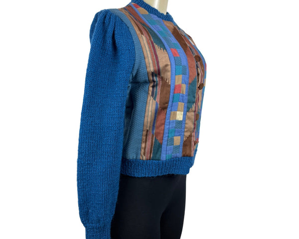 Vintage Button-Up Patchwork Cardigan Sweater With Textured Blue Sleeves Sz S/M