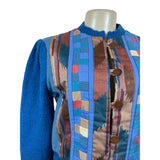 Vintage Button-Up Patchwork Cardigan Sweater With Textured Blue Sleeves Sz S/M